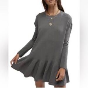 Free People NWT Knit Sweater Dress Dark Heather Gray Ribbed Mini Lg Sleeve $148